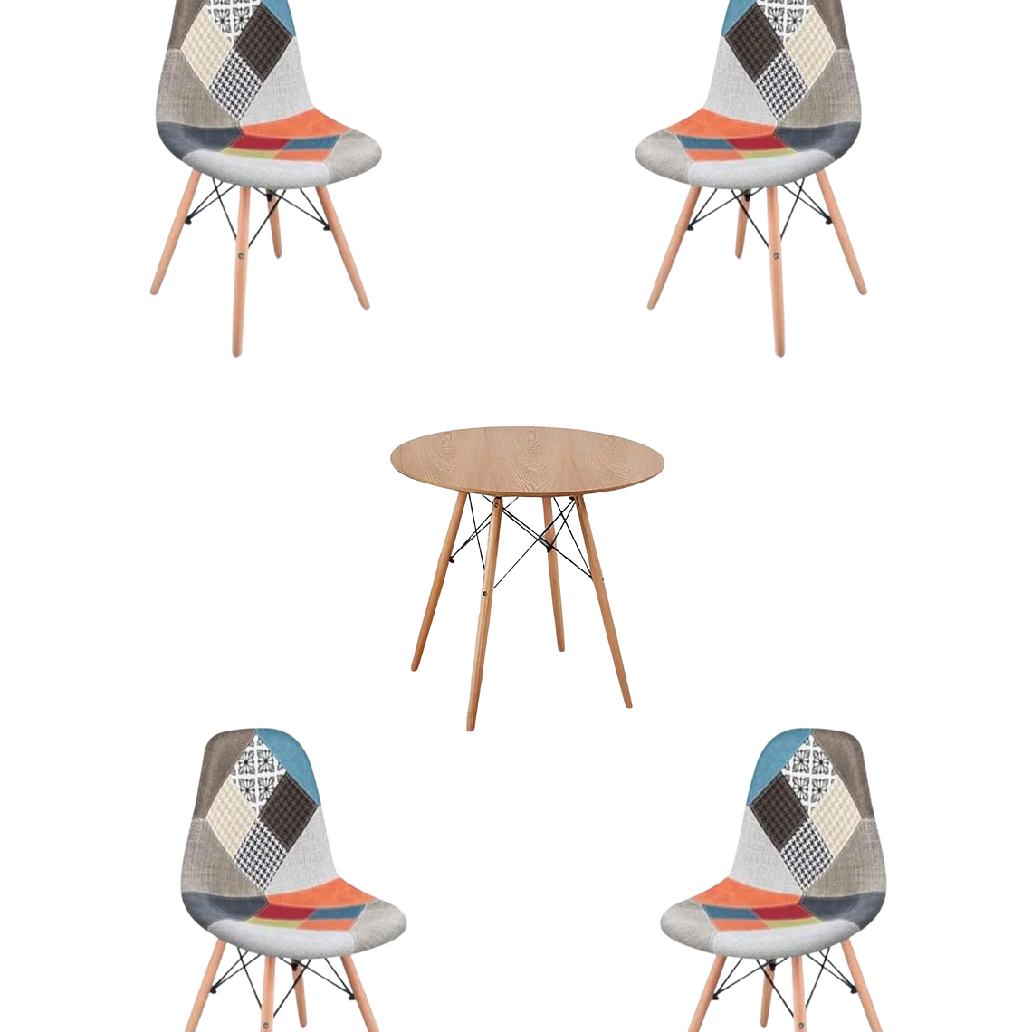 Comedor Mesa Redonda Melamina Eames Madera + Sillas Patchwork 1
