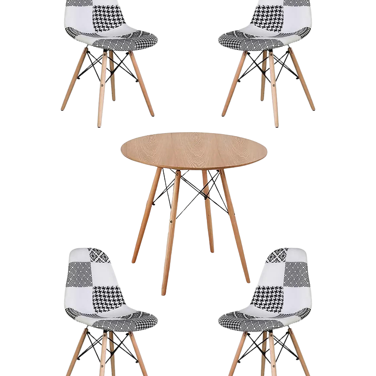 Comedor Mesa Redonda Melamina Eames Madera + Sillas Patchwork 4