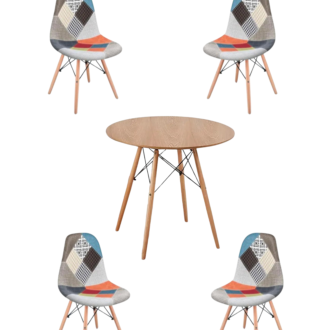 Comedor Mesa Redonda Melamina Eames Madera + Sillas Patchwork 6