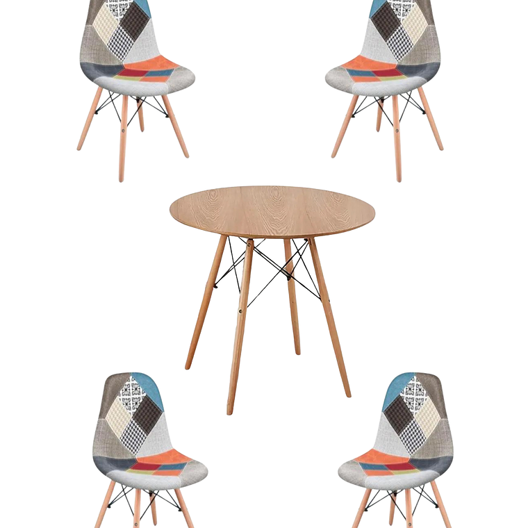 Comedor Mesa Redonda Melamina Eames Madera + Sillas Patchwork 6