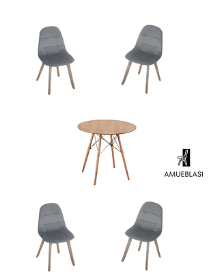 Comedor Mesa Redonda Melamina Eames Madera  + Sillas Capitone