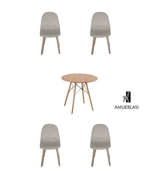 Comedor Mesa Redonda Melamina Eames Madera  + Sillas Capitone - beige