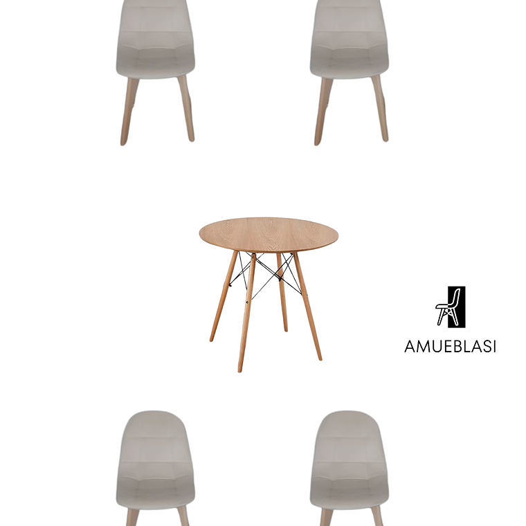 Comedor Mesa Redonda Melamina Eames Madera  + Sillas Capitone 4