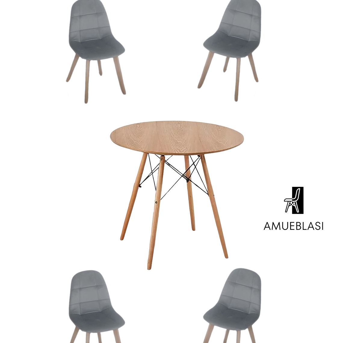 Comedor Mesa Redonda Melamina Eames Madera  + Sillas Capitone 6