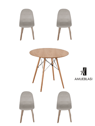 Comedor Mesa Redonda Melamina Eames Madera  + Sillas Capitone