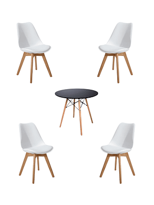 Comedor Mesa Redonda Melamina Eames Negra + Sillas Tulip
