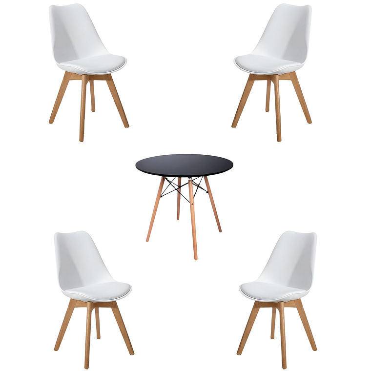 Comedor Mesa Redonda Melamina Eames Negra + Sillas Tulip 2
