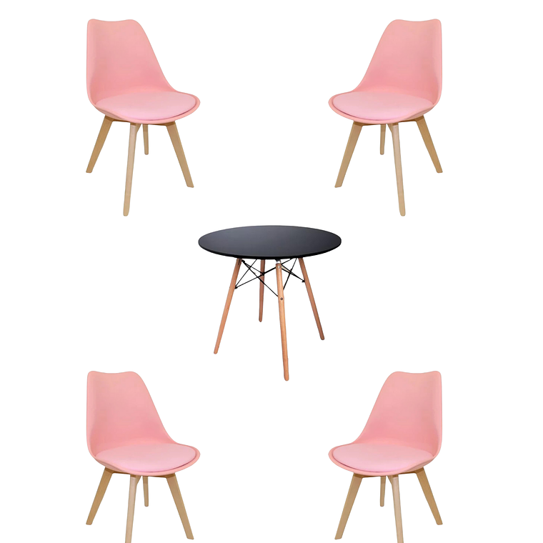 Comedor Mesa Redonda Melamina Eames Negra + Sillas Tulip 3