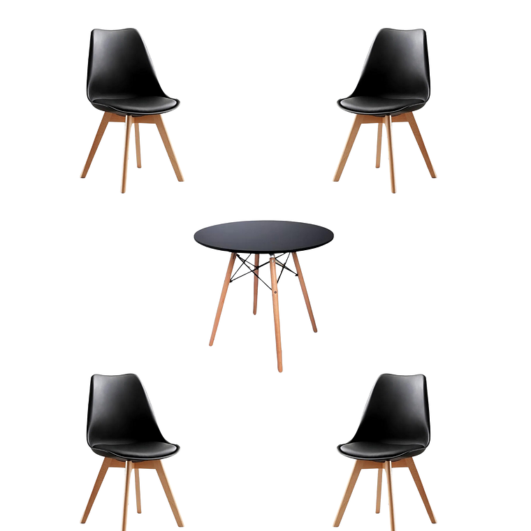 Comedor Mesa Redonda Melamina Eames Negra + Sillas Tulip 6