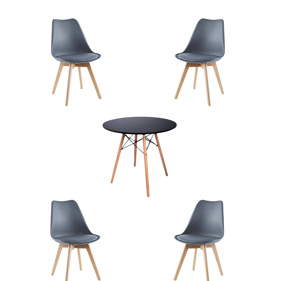 Comedor Mesa Redonda Melamina Eames Negra + Sillas Tulip 7