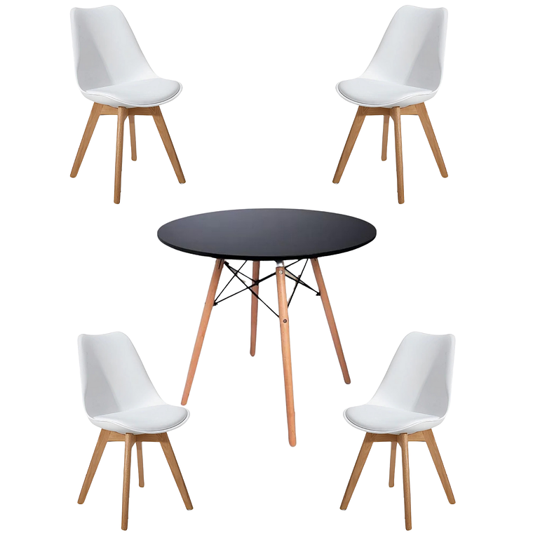 Comedor Mesa Redonda Melamina Eames Negra + Sillas Tulip 8