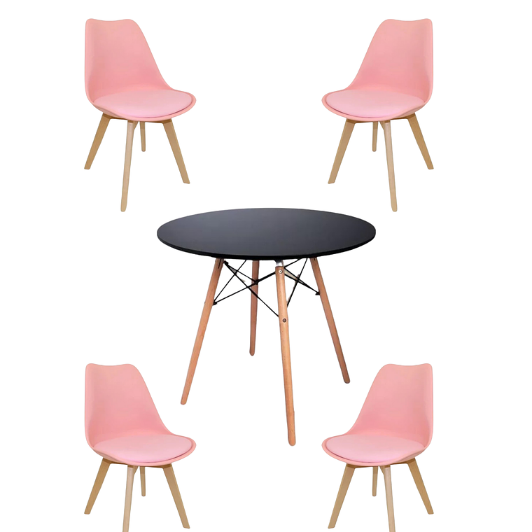 Comedor Mesa Redonda Melamina Eames Negra + Sillas Tulip 10