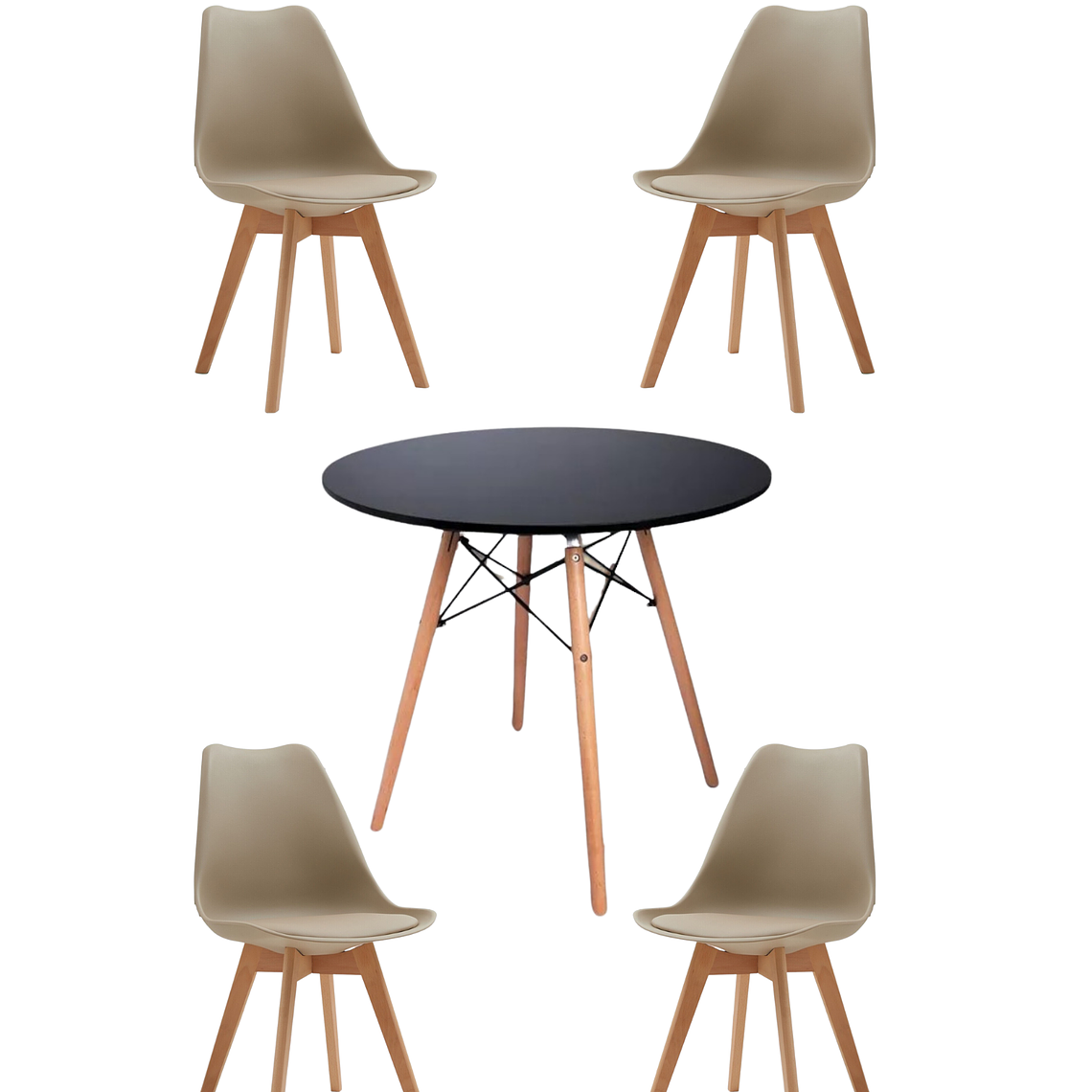 Comedor Mesa Redonda Melamina Eames Negra + Sillas Tulip 12