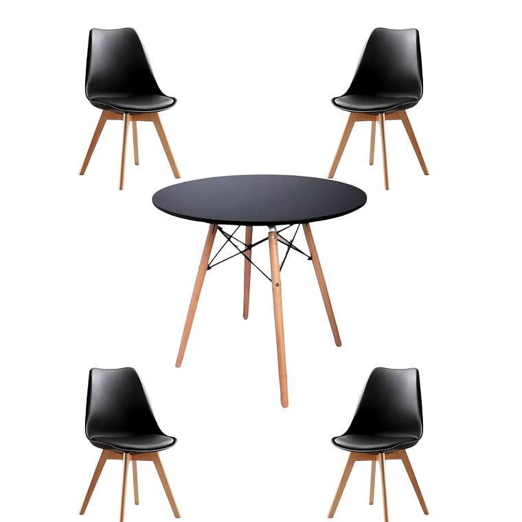 Comedor Mesa Redonda Melamina Eames Negra + Sillas Tulip 13