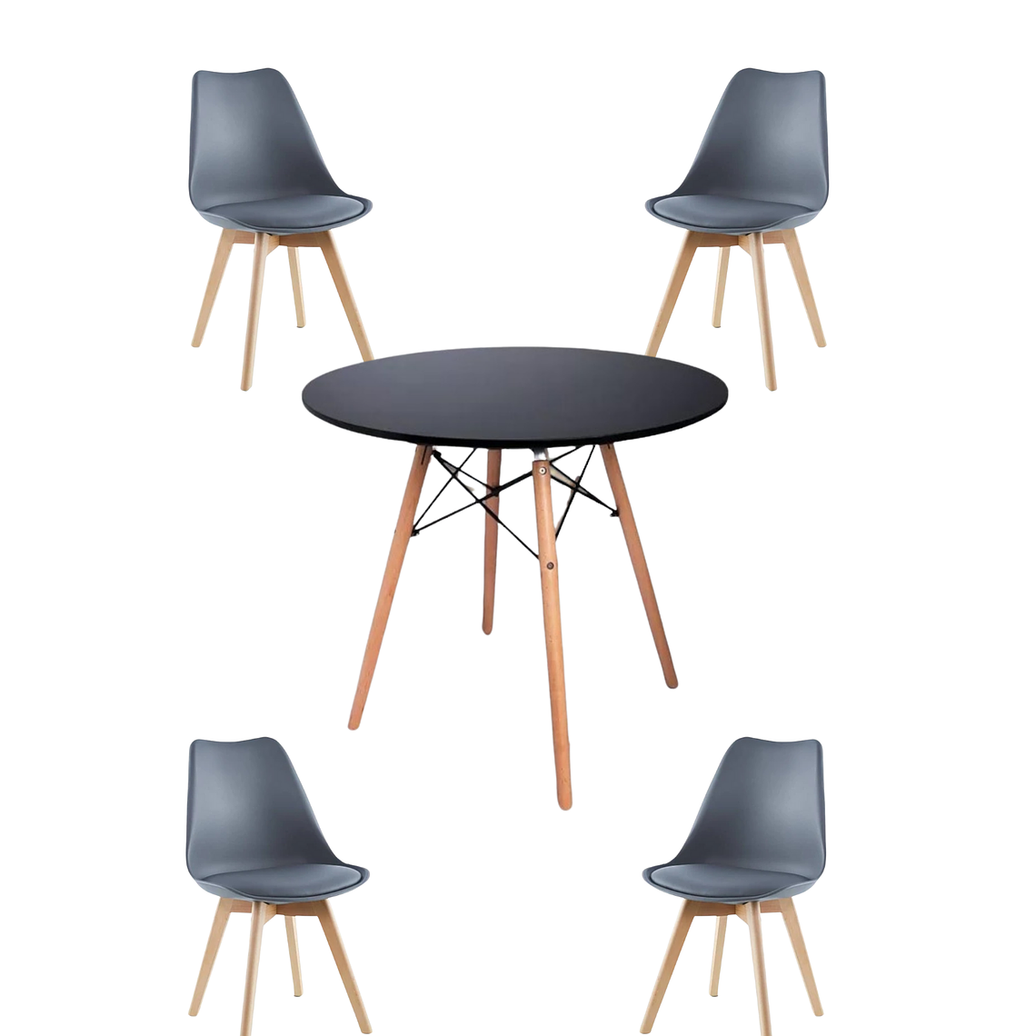 Comedor Mesa Redonda Melamina Eames Negra + Sillas Tulip 14