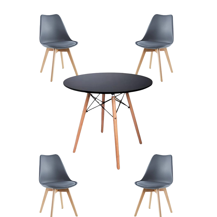 Comedor Mesa Redonda Melamina Eames Negra + Sillas Tulip 14