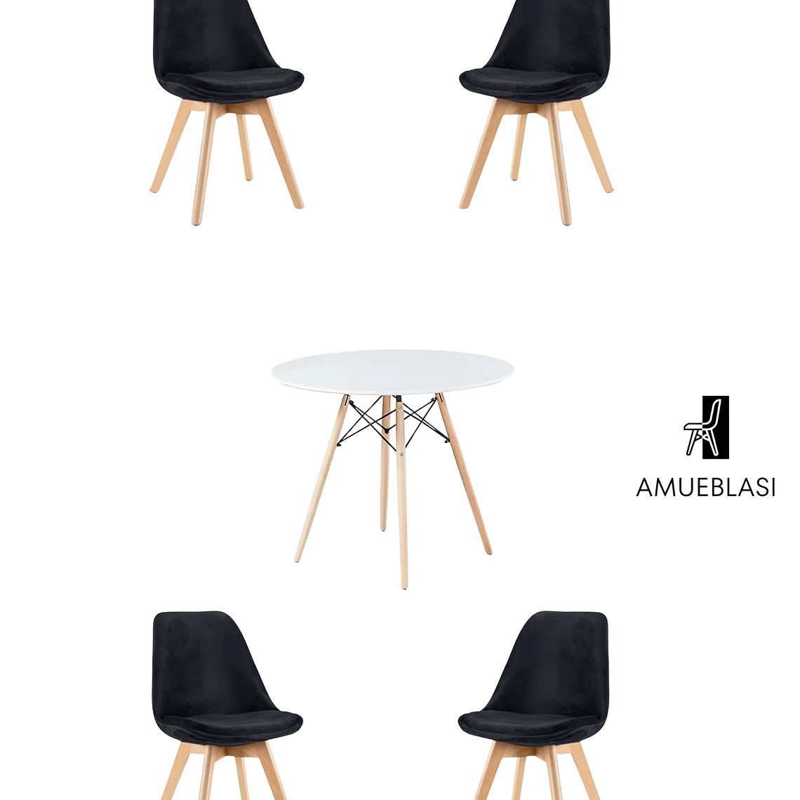 Comedor Mesa Redonda Melamina Eames Blanca 120 cm + Sillas Tulip Velvet 2