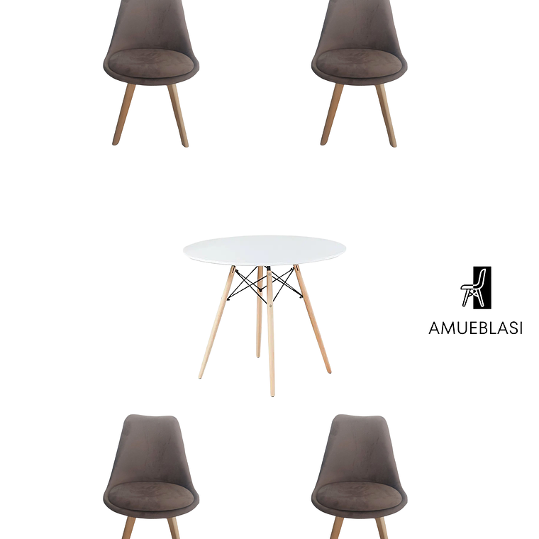 Comedor Mesa Redonda Melamina Eames Blanca 120 cm + Sillas Tulip Velvet 1