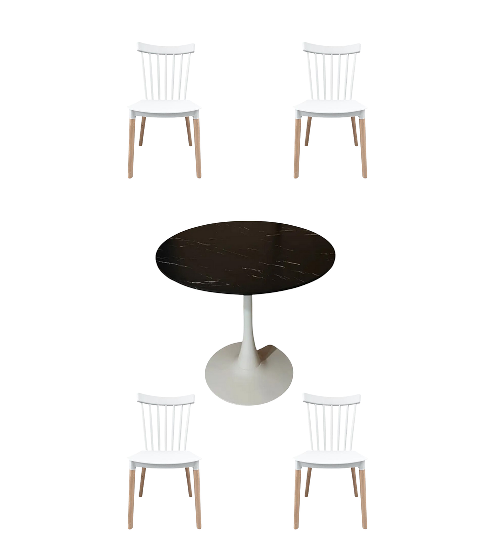 Comedor Mesa Redonda Tulip Cuarzo Negro + Sillas Windsor