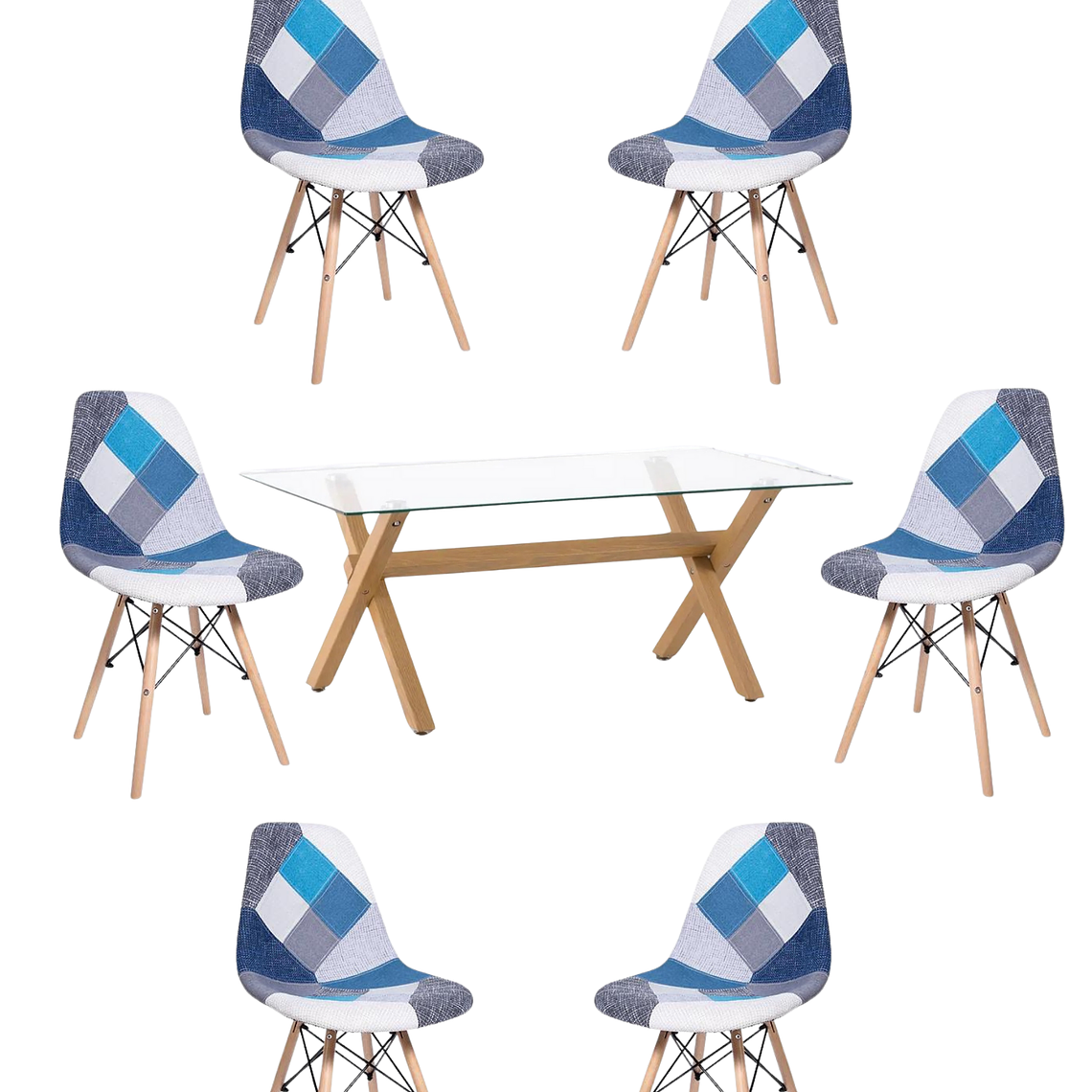 Comedor Mesa Rectangular Vidrio Elite 140x90 cm + Sillas Patchwork 6