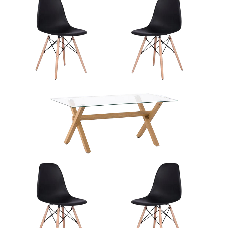 Comedor Mesa Rectangular Vidrio Elite 140x90 cm + Sillas Eames 5