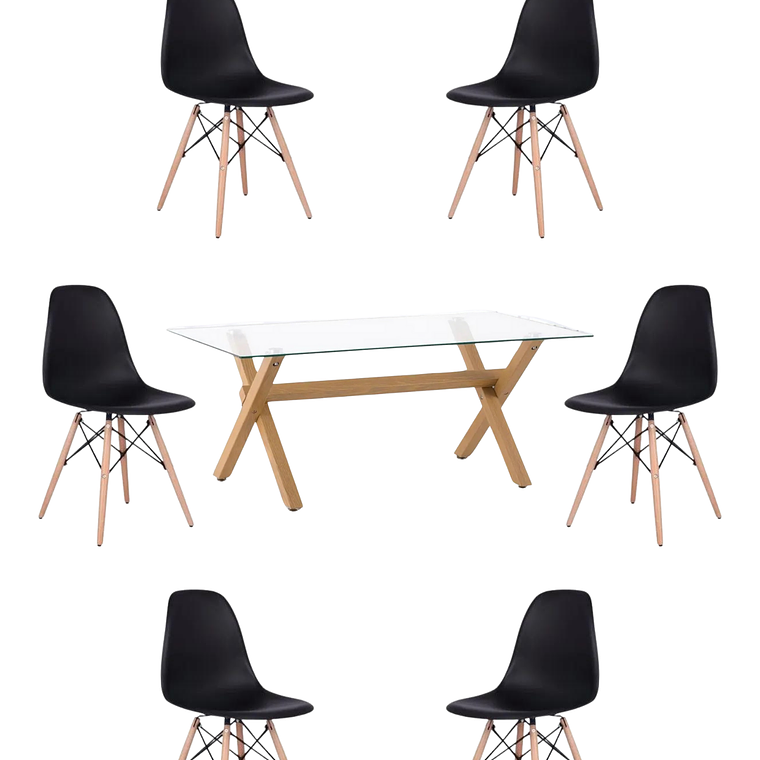Comedor Mesa Rectangular Vidrio Elite 140x90 cm + Sillas Eames 6