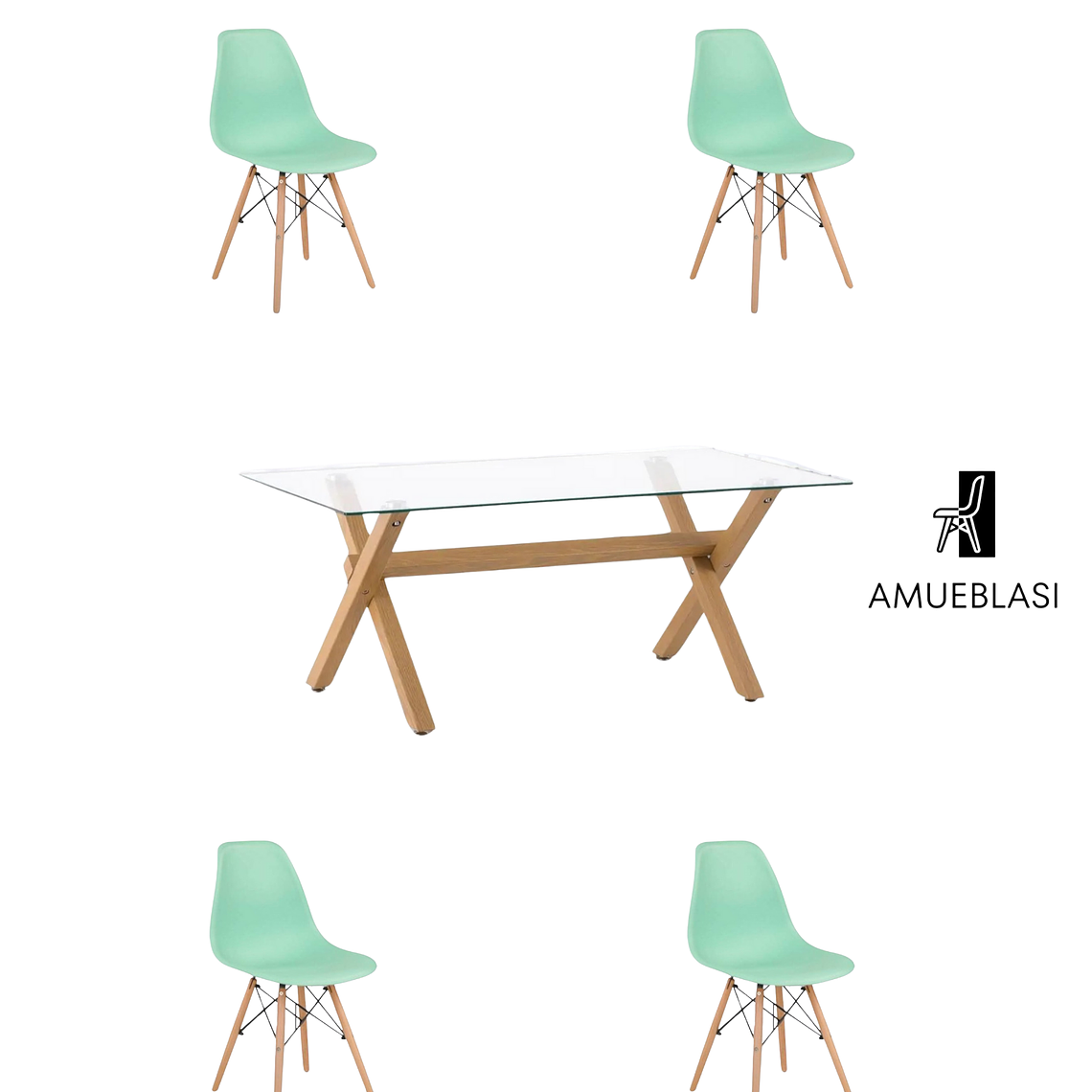 Comedor Mesa Rectangular Vidrio Elite 140x90 cm + Sillas Eames 11