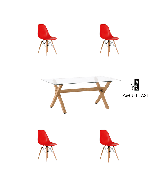 Comedor Mesa Rectangular Vidrio Elite 140x90 cm + Sillas Eames - Rojo