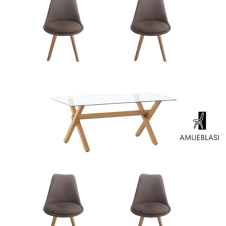 Comedor Mesa Rectangular Vidrio Elite 140x90 cm + Sillas Tulip Velvet 1