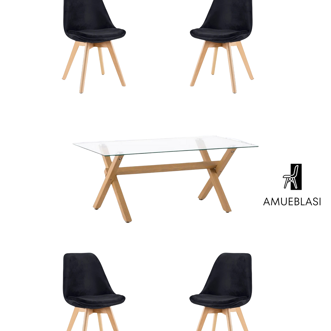 Comedor Mesa Rectangular Vidrio Elite 140x90 cm + Sillas Tulip Velvet 3