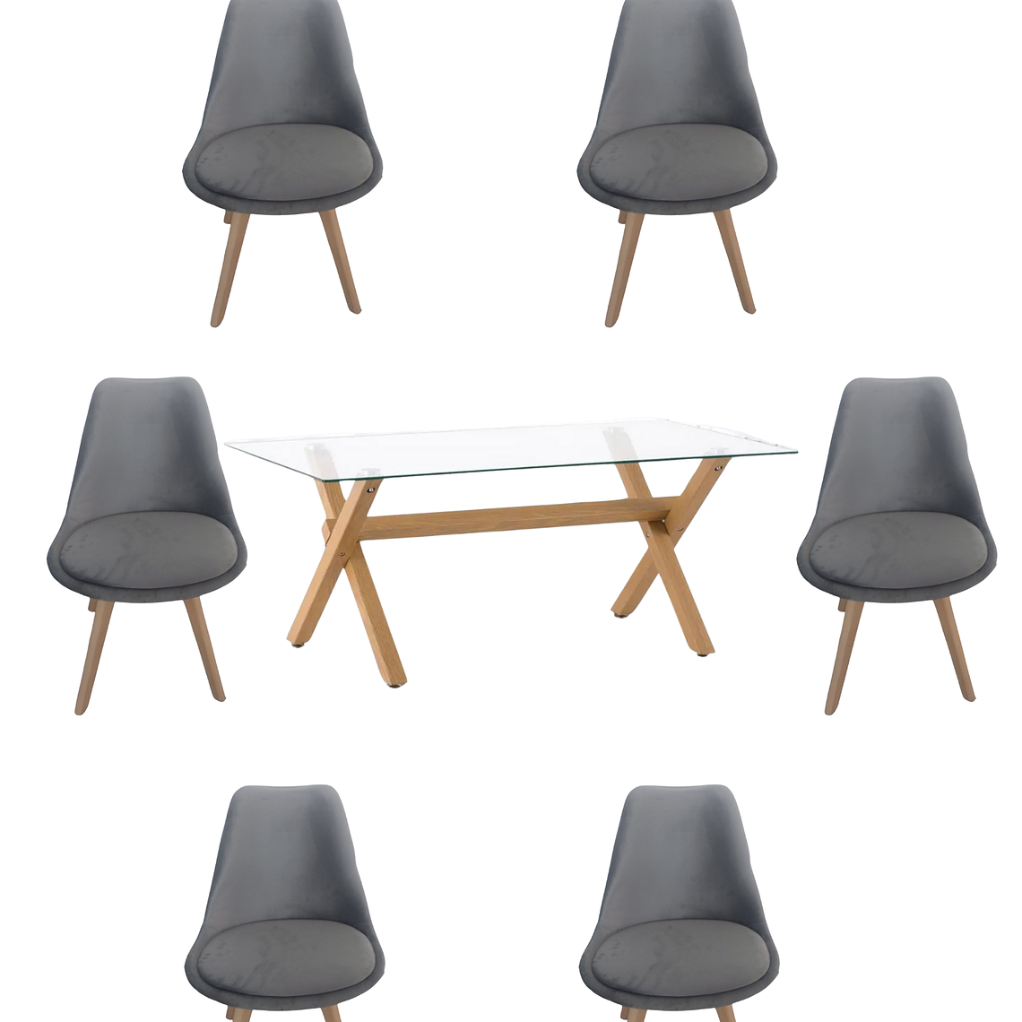 Comedor Mesa Rectangular Vidrio Elite 140x90 cm + Sillas Tulip Velvet 6