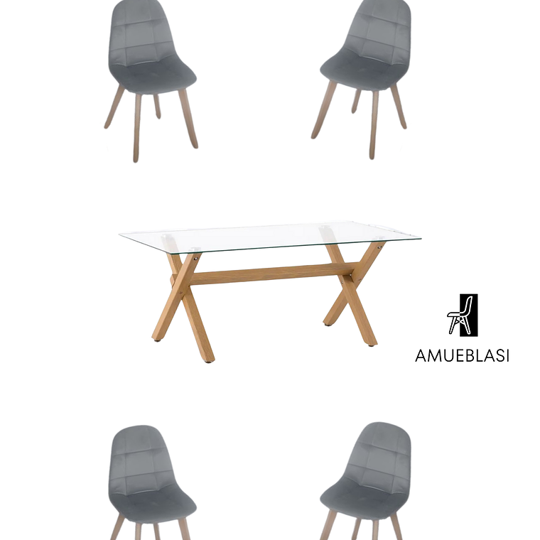 Comedor Mesa Rectangular Vidrio Elite 140x90 cm + Sillas Capitone 3