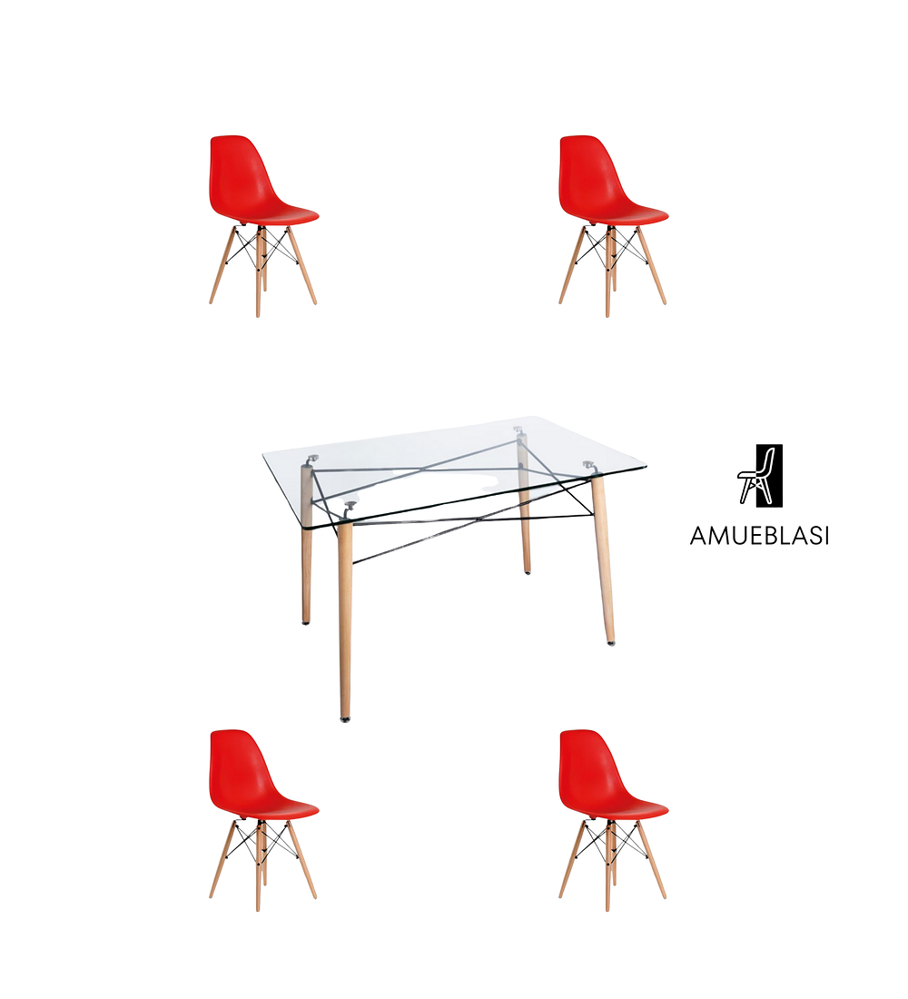 Comedor Mesa Rectangular Vidrio Eames 120x80 cm + Sillas Eames