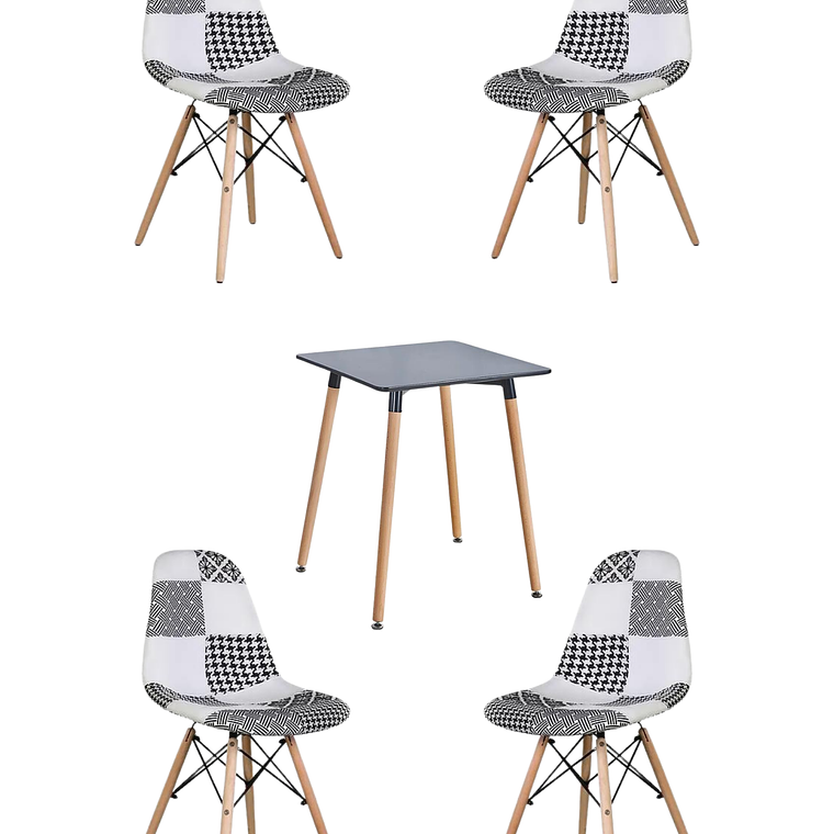 Comedor Mesa Cuadrada Melamina 80x80 cm + Sillas Patchwork 4