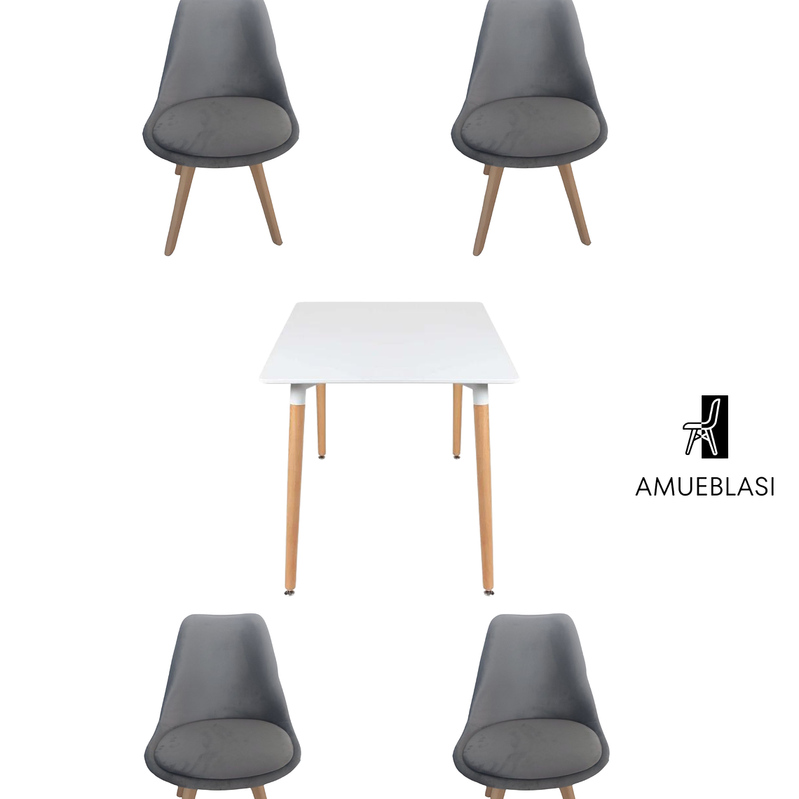 Mesa Cuadrada Melamina 80x80 cm + Sillas Tulip Velvet 3