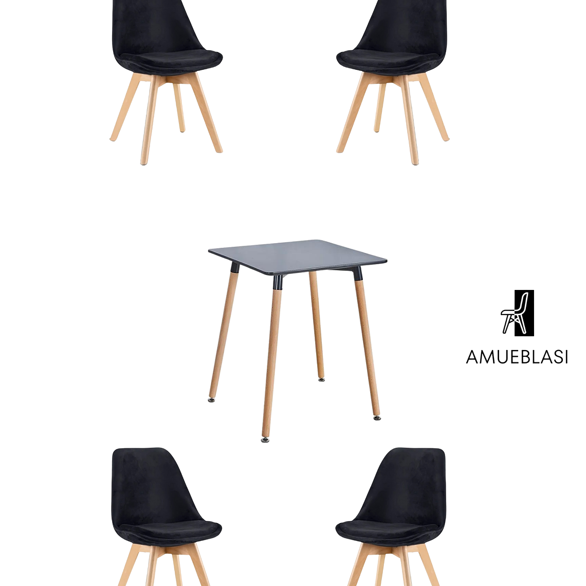 Mesa Cuadrada Melamina 80x80 cm + Sillas Tulip Velvet 5