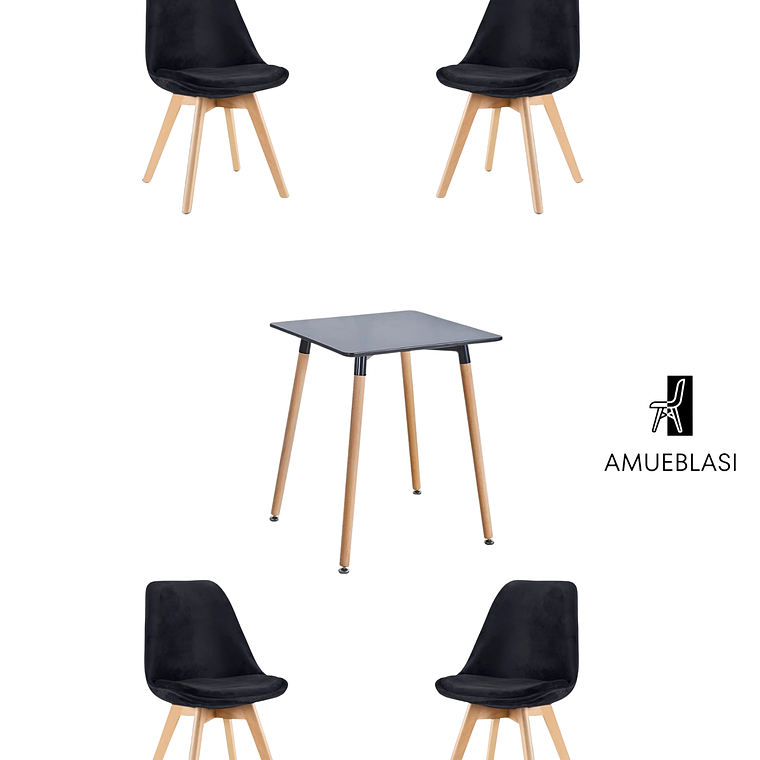 Mesa Cuadrada Melamina 80x80 cm + Sillas Tulip Velvet 5