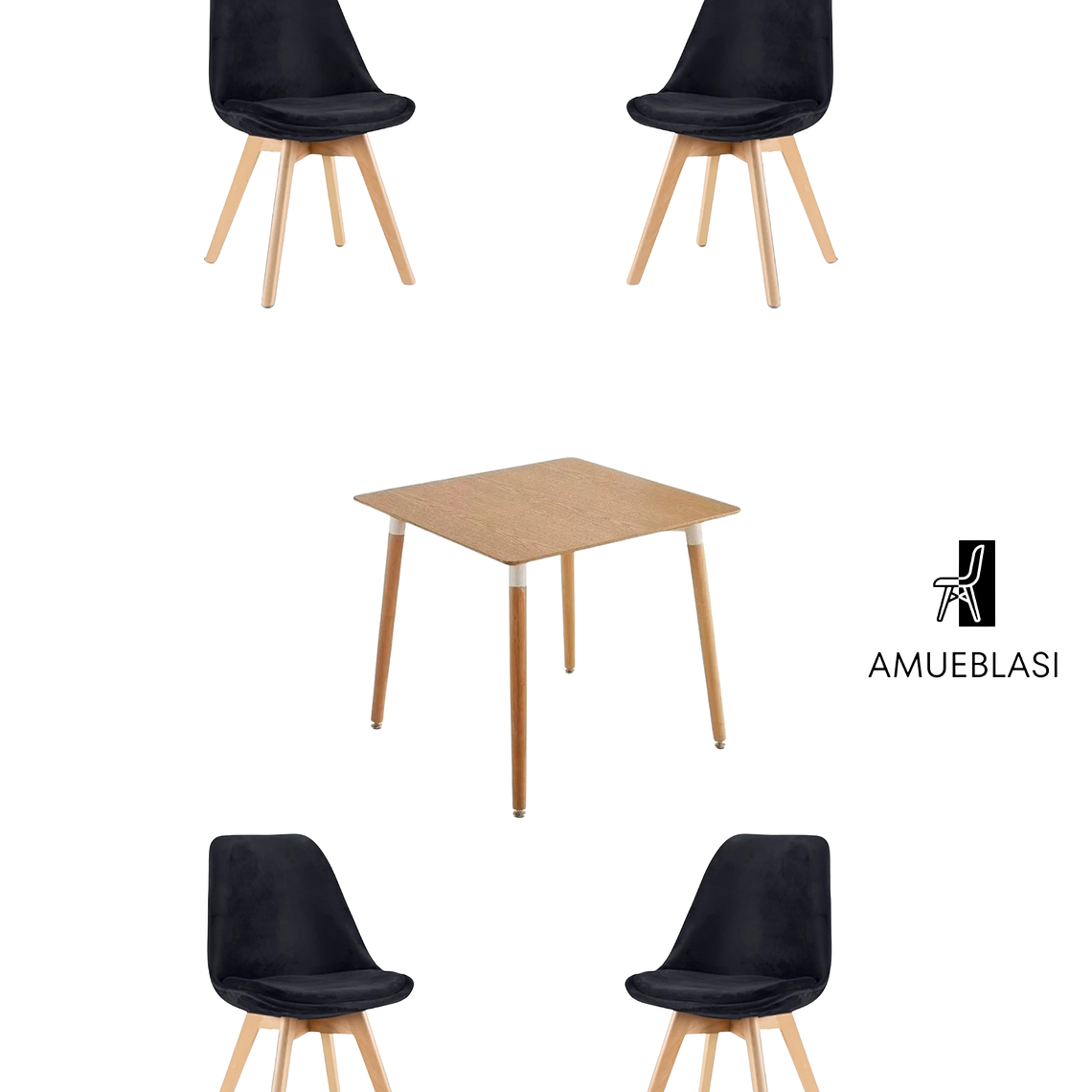 Mesa Cuadrada Melamina 80x80 cm + Sillas Tulip Velvet 8