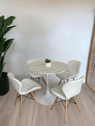 Comedor Mesa Redonda Tulip Cuarzo Blanco +  Sillas Radar