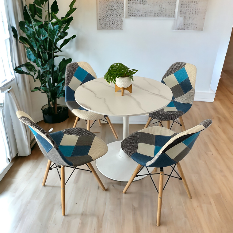 Comedor Mesa Redonda Tulip Cuarzo Blanco + Sillas Patchwork 2