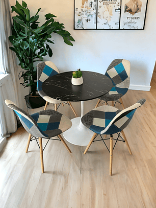 Comedor Mesa Redonda Tulip Cuarzo Negra +  Sillas Patchwork