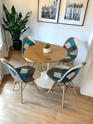 Comedor Mesa Redonda Tulip Madera + Sillas Patchwork