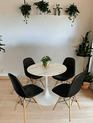 Comedor Mesa Redonda Tulip Cuarzo Blanco + Sillas Buckle