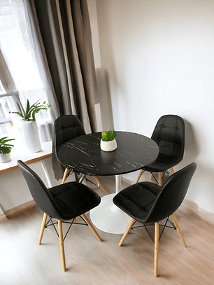Comedor Mesa Redonda Tulip Cuarzo Negra + Sillas Buckle