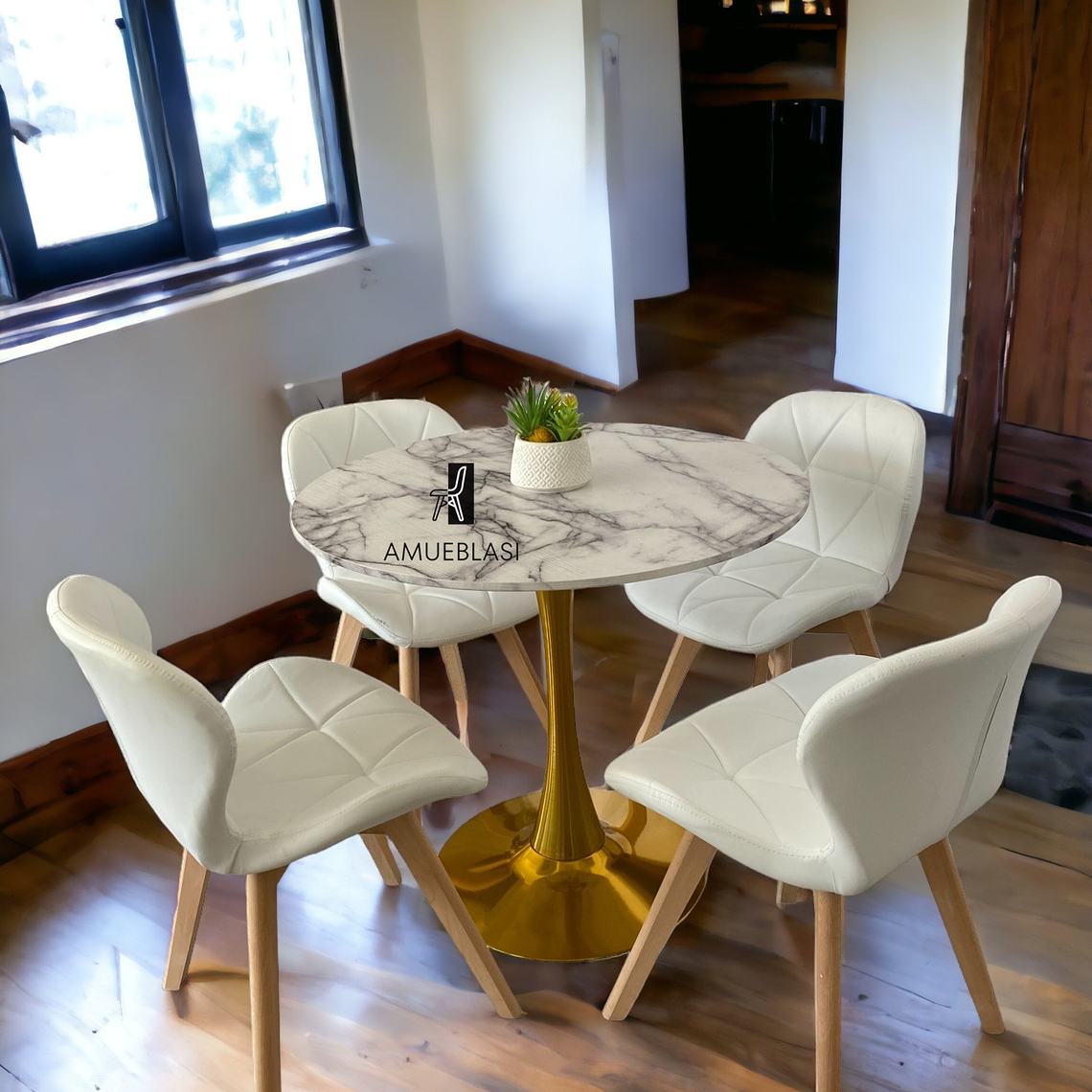 Comedor Mesa Tulip Golden + Sillas Radar Fiori 1