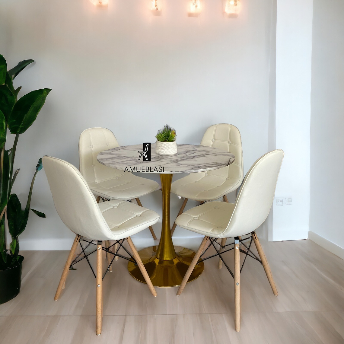 Comedor Mesa Tulip Golden + Sillas Buckle 1
