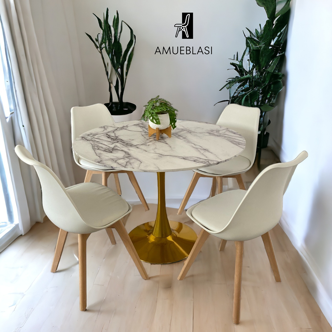 Comedor Mesa Redonda Tulip Golden + Sillas Tulip 1