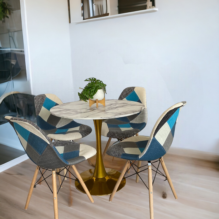 Comedor Mesa Tulip Golden + Sillas Patchwork 2