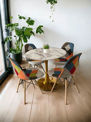 Comedor Mesa Tulip Golden + Sillas Patchwork