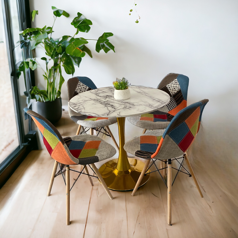 Comedor Mesa Tulip Golden + Sillas Patchwork 1